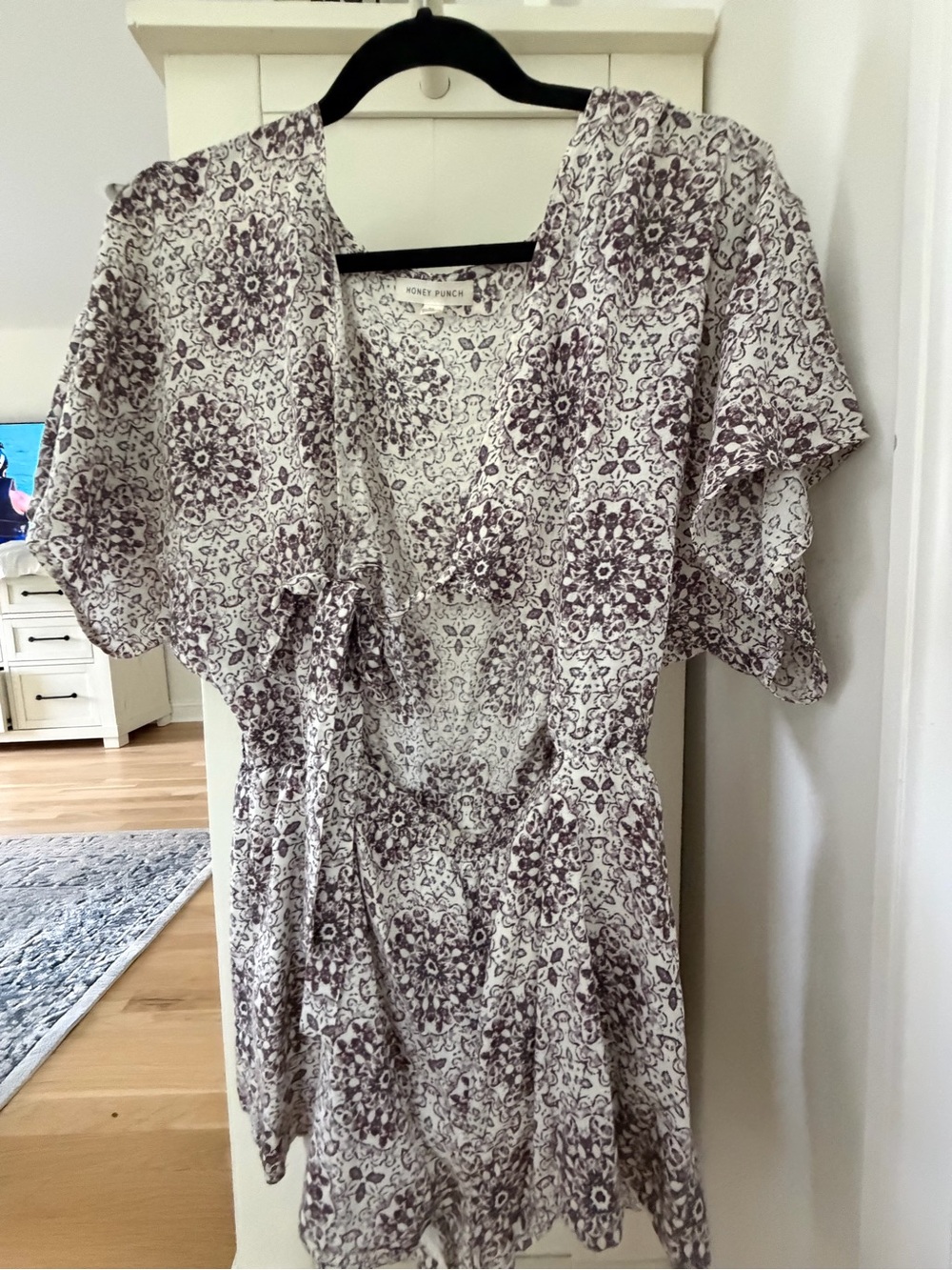 Honey Punch Cream Mini Dress with Mauve Floral Medallion Print